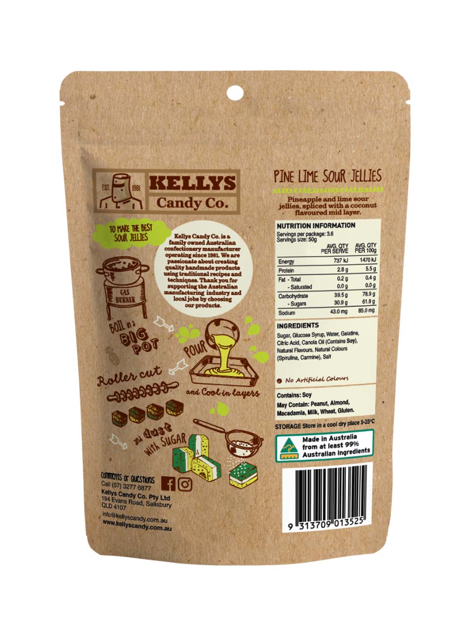 Pine Lime Sour Jellies - Pouch 180g (8 Unit Carton)